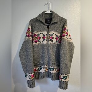 Handmade in Nepal 100% Wool Lost Horizons Flower Trail Cardigan Sweater  Grey M